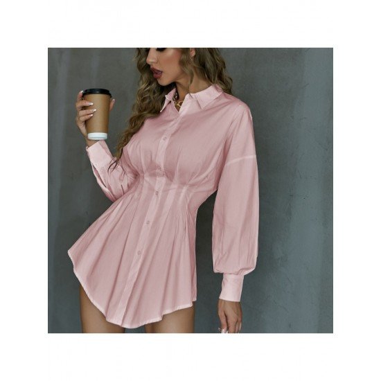 Stylish White Ruched Solid Long Sleeve Shirt Dress