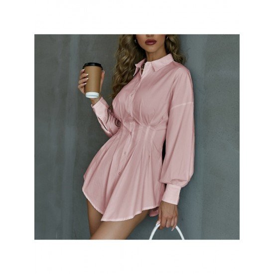 Stylish White Ruched Solid Long Sleeve Shirt Dress