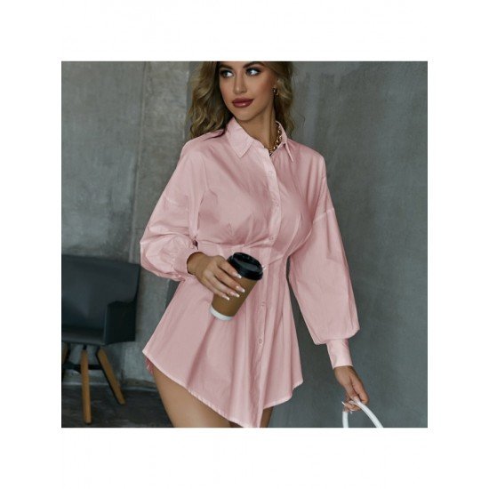 Stylish White Ruched Solid Long Sleeve Shirt Dress