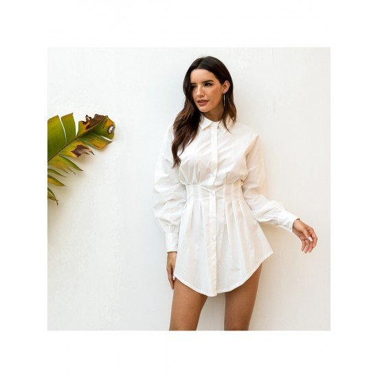 Stylish White Ruched Solid Long Sleeve Shirt Dress