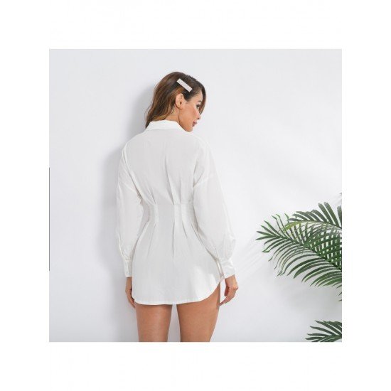 Stylish White Ruched Solid Long Sleeve Shirt Dress