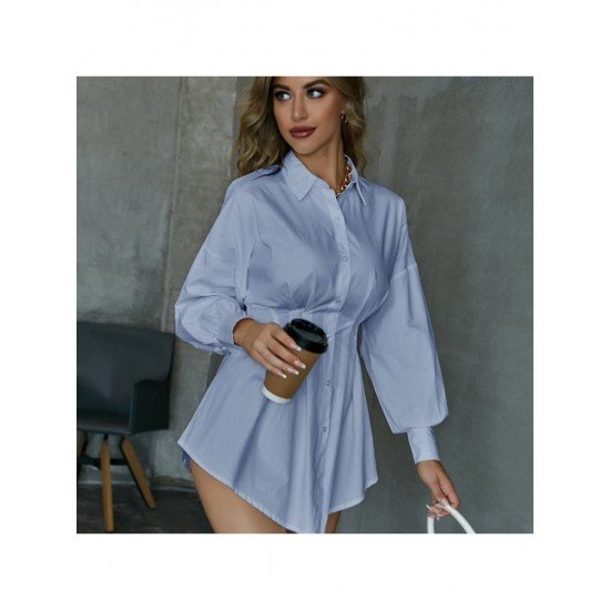 Stylish White Ruched Solid Long Sleeve Shirt Dress