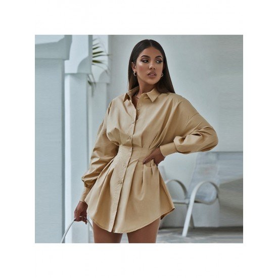 Stylish White Ruched Solid Long Sleeve Shirt Dress