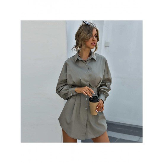 Stylish White Ruched Solid Long Sleeve Shirt Dress