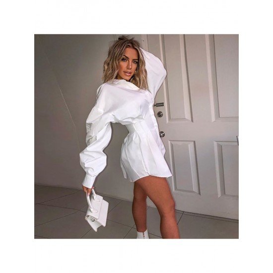 Stylish White Ruched Solid Long Sleeve Shirt Dress