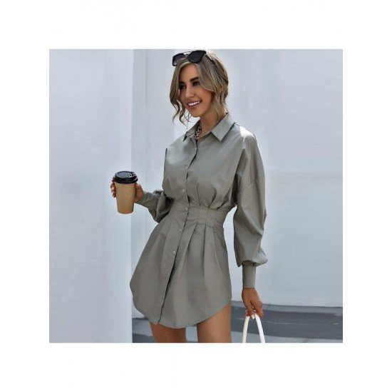 Stylish White Ruched Solid Long Sleeve Shirt Dress