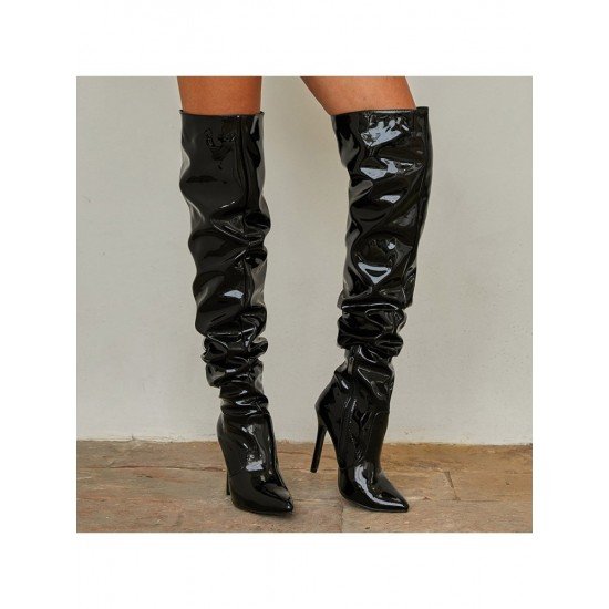  Patent Leather Pointed Stiletto High Boots