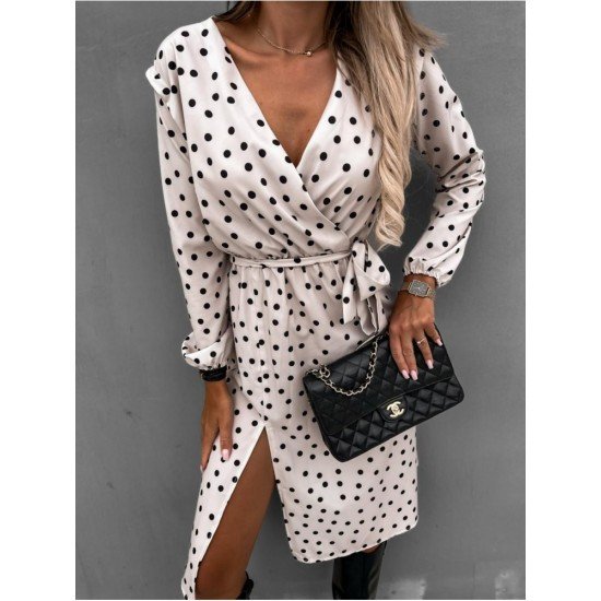  Casual V Neck Dots Split Hem Women's Dress