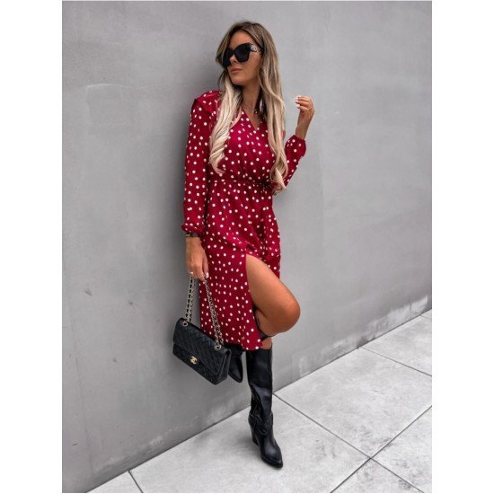  Casual V Neck Dots Split Hem Women's Dress