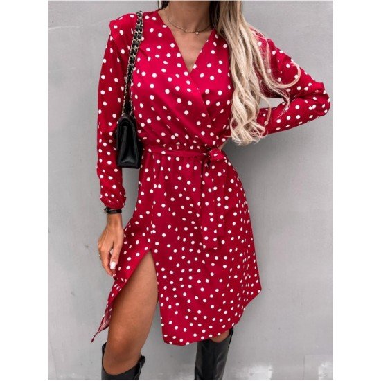  Casual V Neck Dots Split Hem Women's Dress