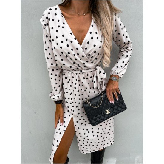  Casual V Neck Dots Split Hem Women's Dress