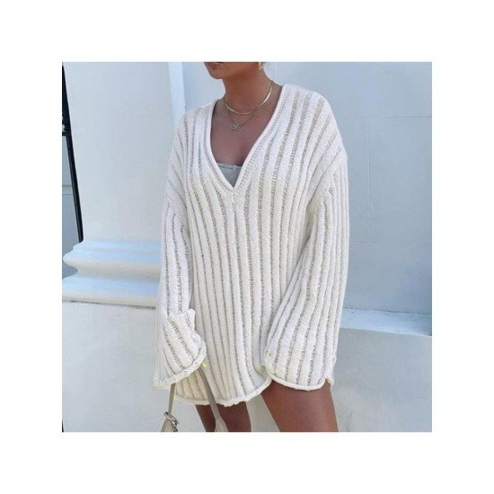  Lazy Loose V Neck Women's Long Sleeve Sweater