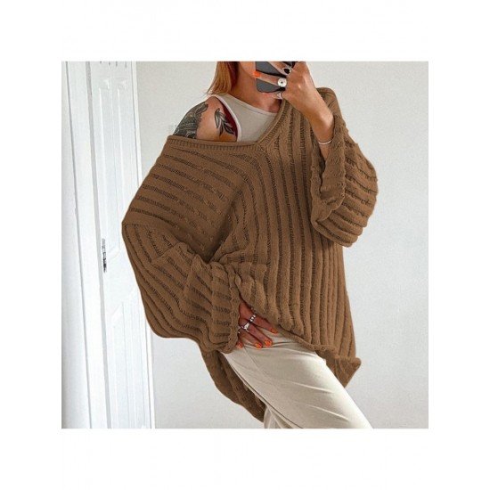  Lazy Loose V Neck Women's Long Sleeve Sweater