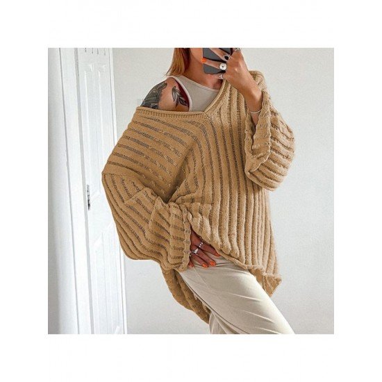  Lazy Loose V Neck Women's Long Sleeve Sweater