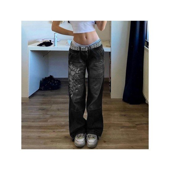 New Patchwork Printed Straight Leg Black Jeans