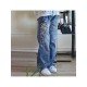 New Patchwork Printed Straight Leg Black Jeans