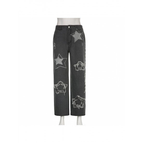 Star Pattern Loose Straight Leg Ripped Jeans