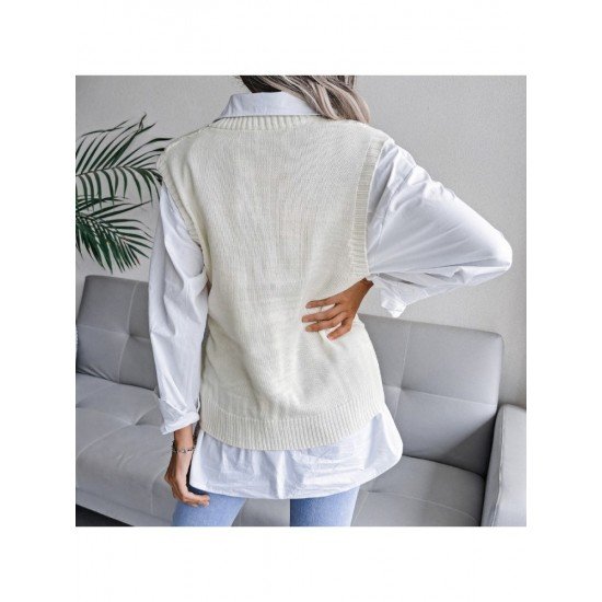 Simple White V Neck Solid Sweater Vest