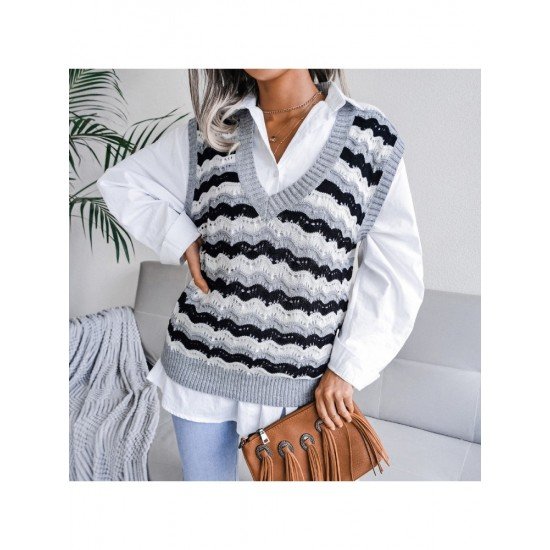 Casual V Neck Ripple Sweater Vest