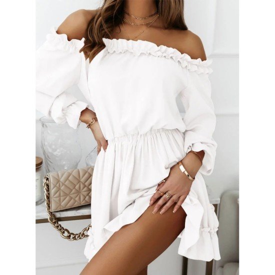 Leisure Solid Color Off Shoulder Long Sleeve Dress