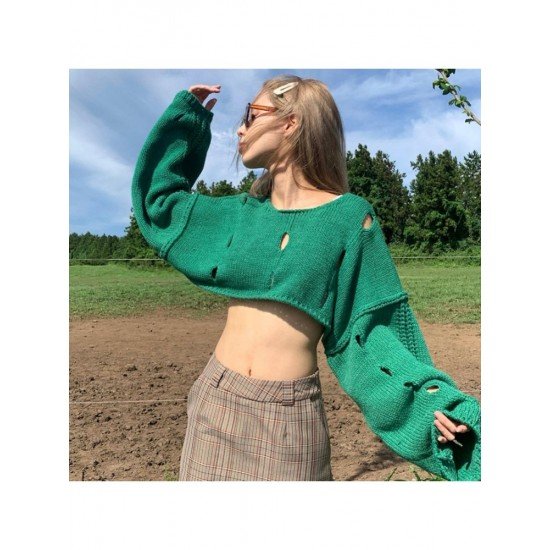 Fall Solid Loose Cut Out Cropped Sweaters