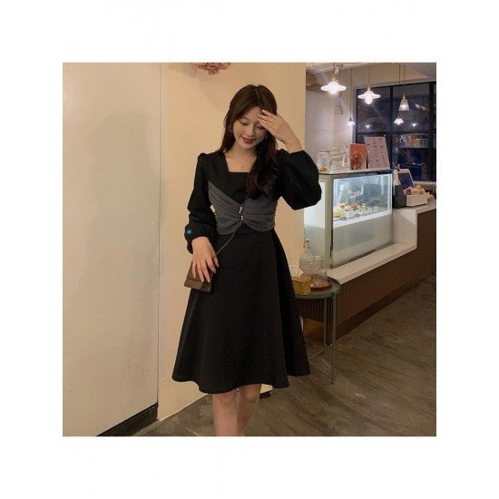  French Square Neck Bow Women's Long Sleeve Dress