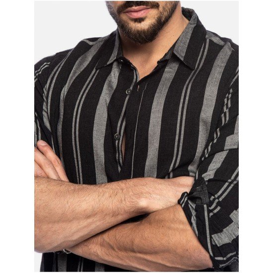  Men's Summer Colorblock Striped Long Sleeve Shirt