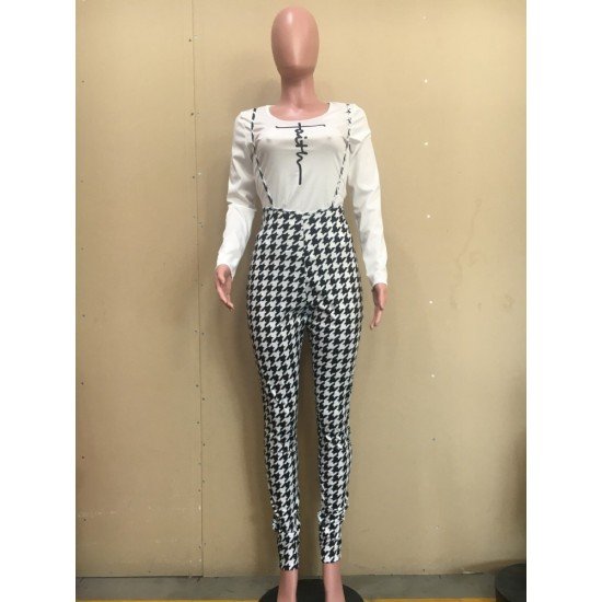 Plaid Printed Overall And T Shirt Sets For Women