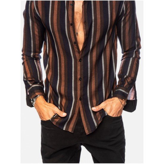  Men's Summer Colorblock Striped Long Sleeve Shirt