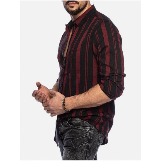  Men's Summer Colorblock Striped Long Sleeve Shirt