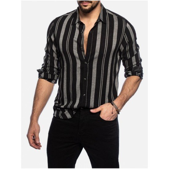  Men's Summer Colorblock Striped Long Sleeve Shirt