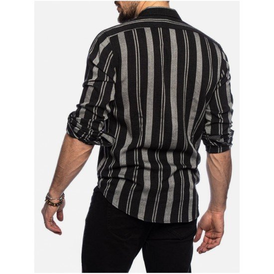  Men's Summer Colorblock Striped Long Sleeve Shirt