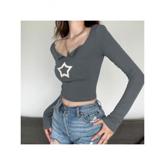 Sexy Star Embroidery Long Sleeve Fitted Tops