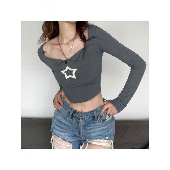 Sexy Star Embroidery Long Sleeve Fitted Tops