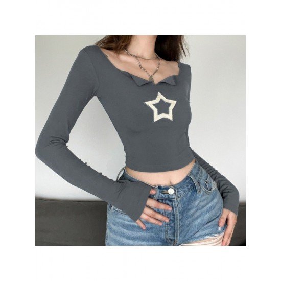 Sexy Star Embroidery Long Sleeve Fitted Tops