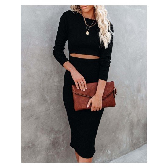  Fall Black Crew Neck Hollowed Out Midi Dress