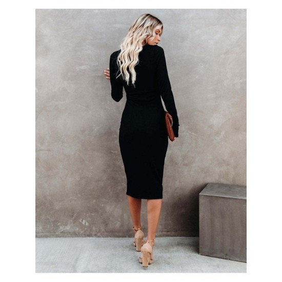  Fall Black Crew Neck Hollowed Out Midi Dress