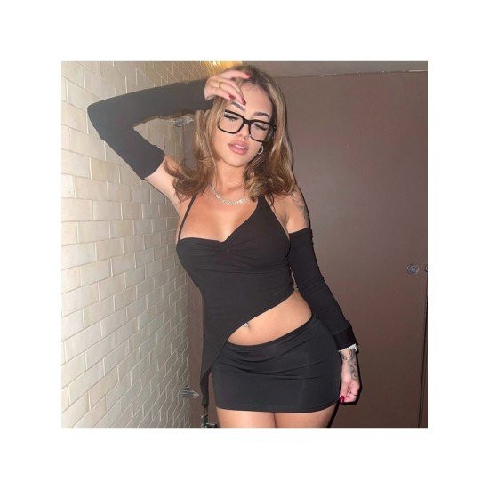 Sexy Black Matching Mini Skirt And Top Sleeve Sets