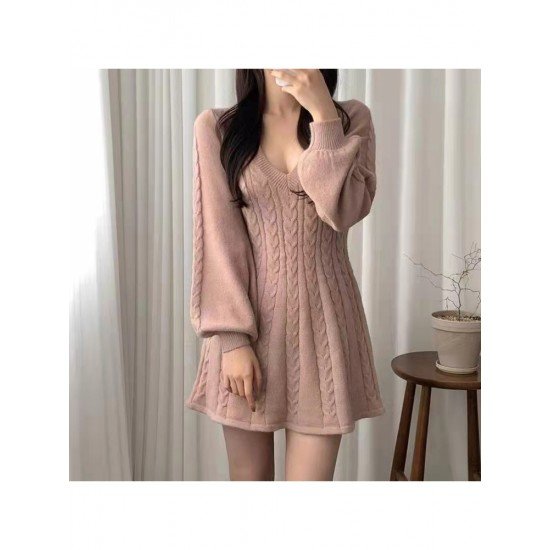  V-Neck Lantern Sleeve Women's Knitted Dress