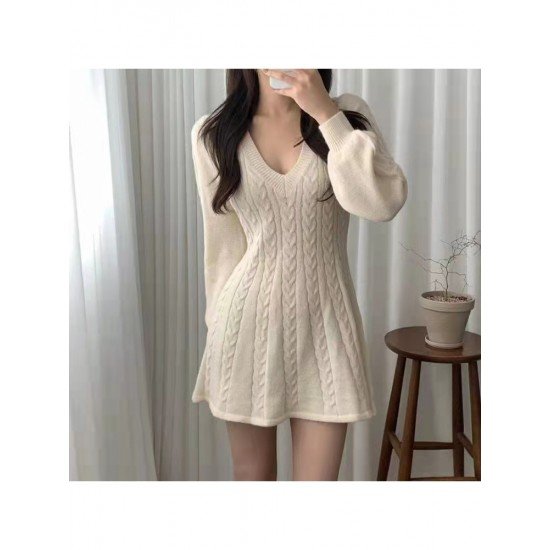  V-Neck Lantern Sleeve Women's Knitted Dress