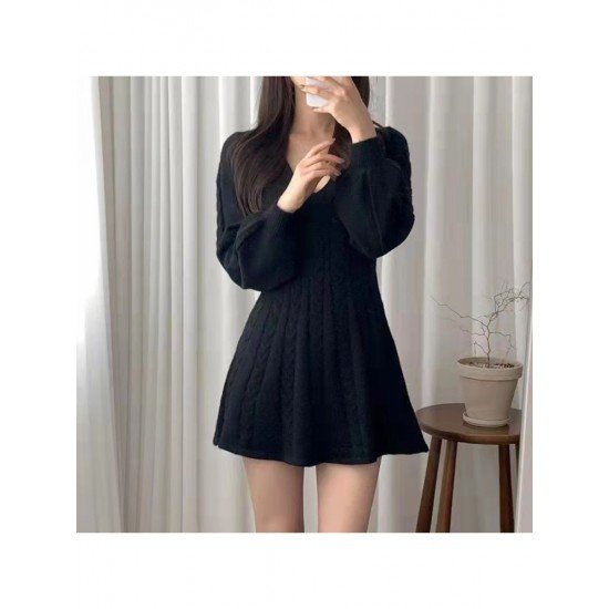  V-Neck Lantern Sleeve Women's Knitted Dress