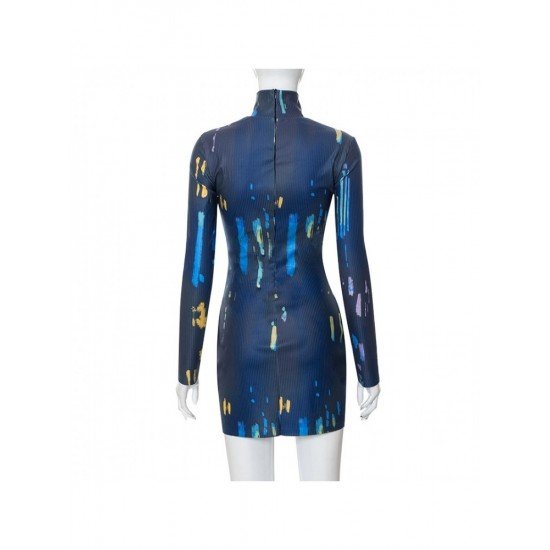  Slim High Collar Printing Women's Long Sleeve Dress