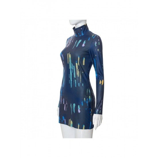  Slim High Collar Printing Women's Long Sleeve Dress