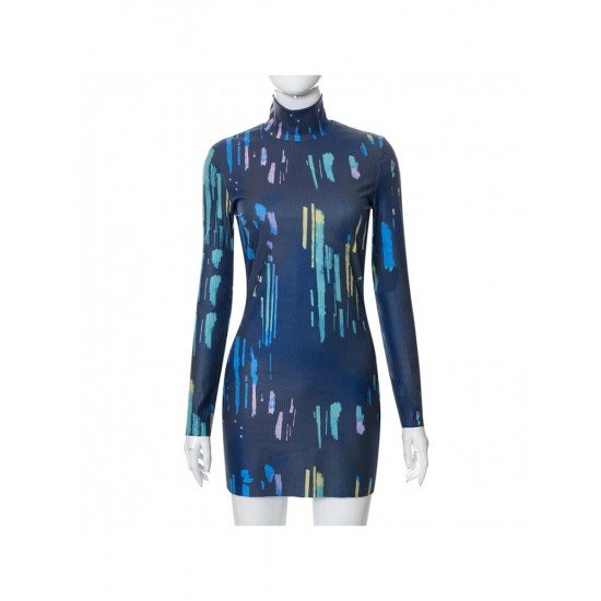  Slim High Collar Printing Women's Long Sleeve Dress