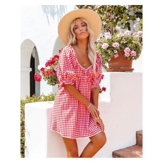  Casual Backless Plaid Puff Shoulder Short Dress