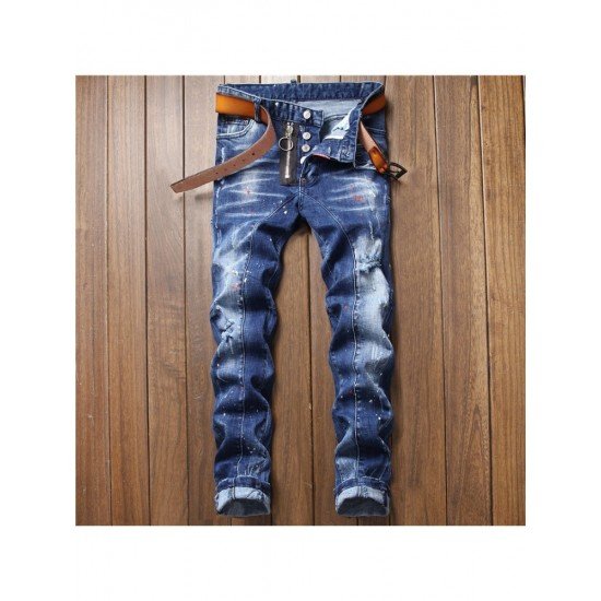 Blue Patchwork Ripped Jeans For Men