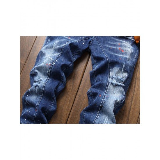 Blue Patchwork Ripped Jeans For Men