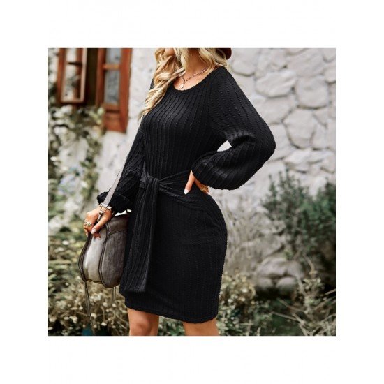 Casual Puff Sleeve Solid Fall Short Dress