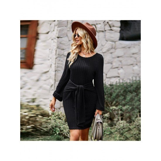 Casual Puff Sleeve Solid Fall Short Dress