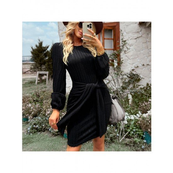 Casual Puff Sleeve Solid Fall Short Dress